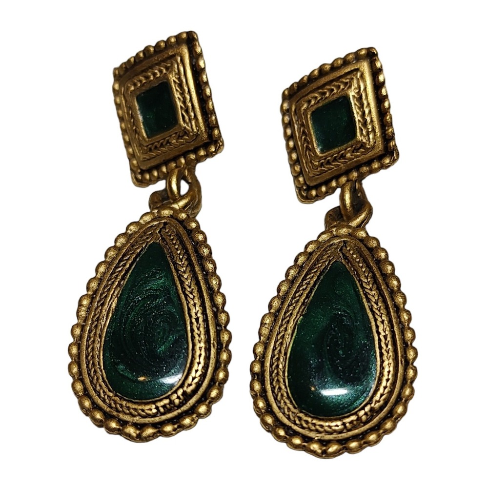 Gold Tone Green Jewel Earrings Drop Statement Pierced Post Bohemian‎ Dangle